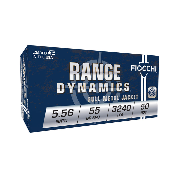 Fiocchi 5.56 NATO 55gr FMJ-BT Range Dynamics ammo box, 50-rounds, loaded in USA