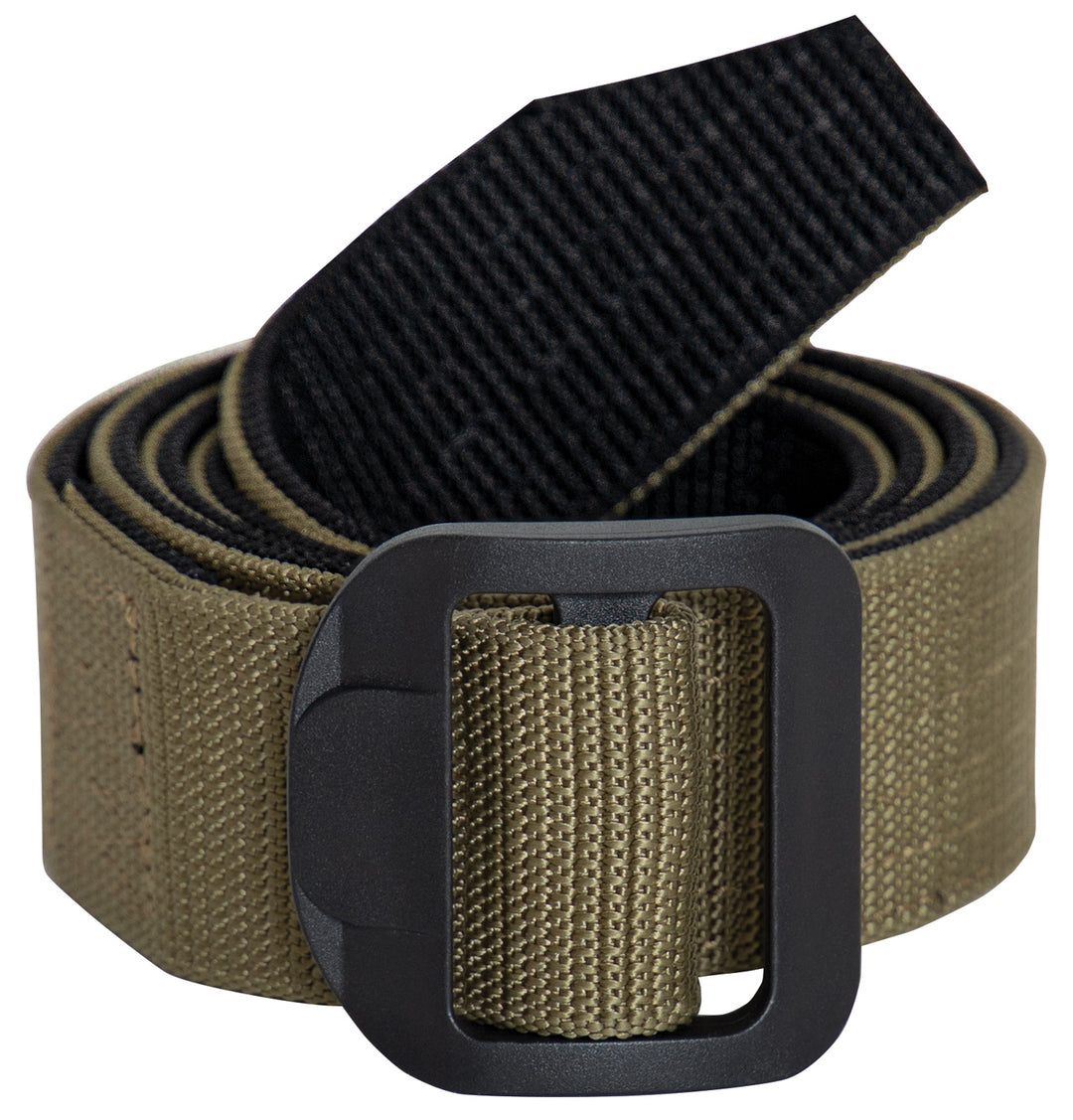 GS-004 Olive Reversible Riggers Belt displayed on white background, featuring matte black buckle, dual-layer nylon webbing, and rugged construction; designed for reversible wear with tactical durability and travel-ready compliance across urban and field environments
