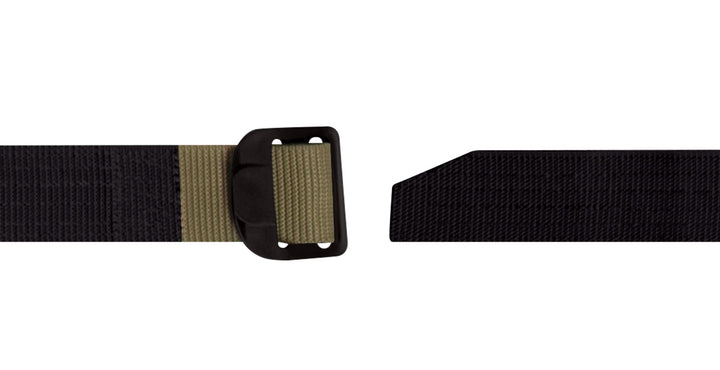 GS-004 Reversible Riggers Belt displayed flat with buckle facing front, showcasing dual-color design in black and coyote brown; matte-finish plastic buckle and double-layer nylon webbing suggest durable, tactical utility with travel-ready compliance