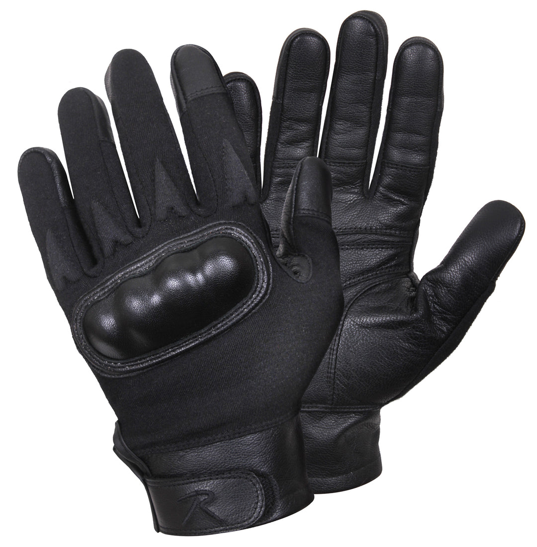 GS-005 Black Kevlar Tactical Gloves shown top-facing on white background, featuring reinforced knuckle armor, molded goatskin accents, and dual-fabric construction for high dexterity, flame resistance, and field durability