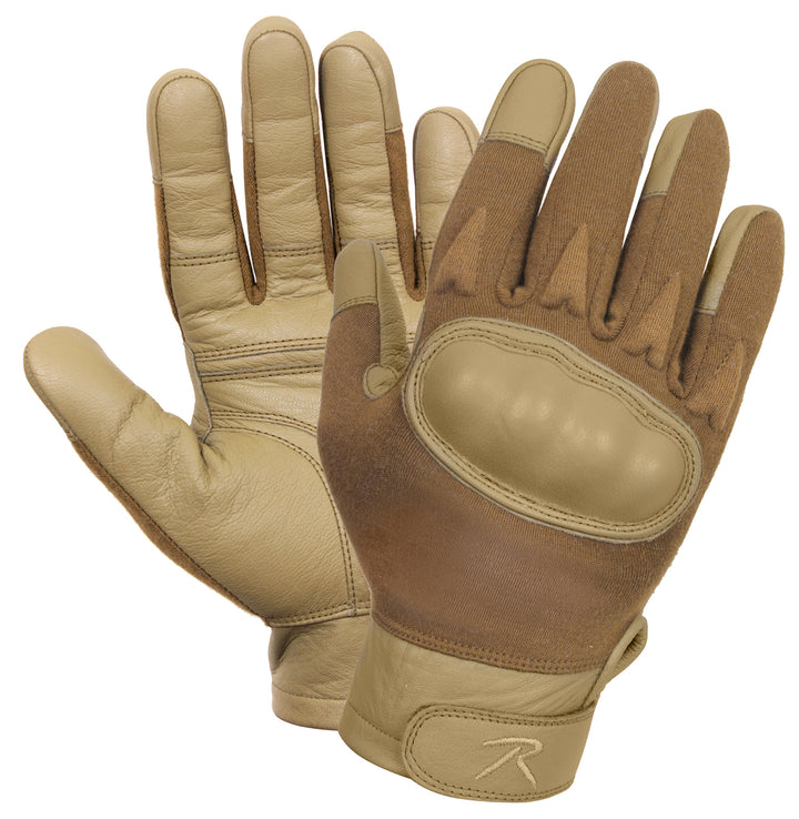 GS-005 Tan Kevlar Tactical Gloves shown top-facing on white background, featuring reinforced knuckle armor, textured palm grip, and dual-tone construction; designed for flame resistance, cut protection, and high-dexterity performance in outdoor or tactical environments