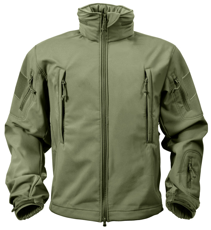 GS-006 Army Green Soft Shell Jacket shown upright against white background, featuring zippered chest and sleeve pockets, high collar, adjustable cuffs, and Velcro patch zones; constructed with water-resistant shell and removable fleece liner for modular field performance across tactical or outdoor environments