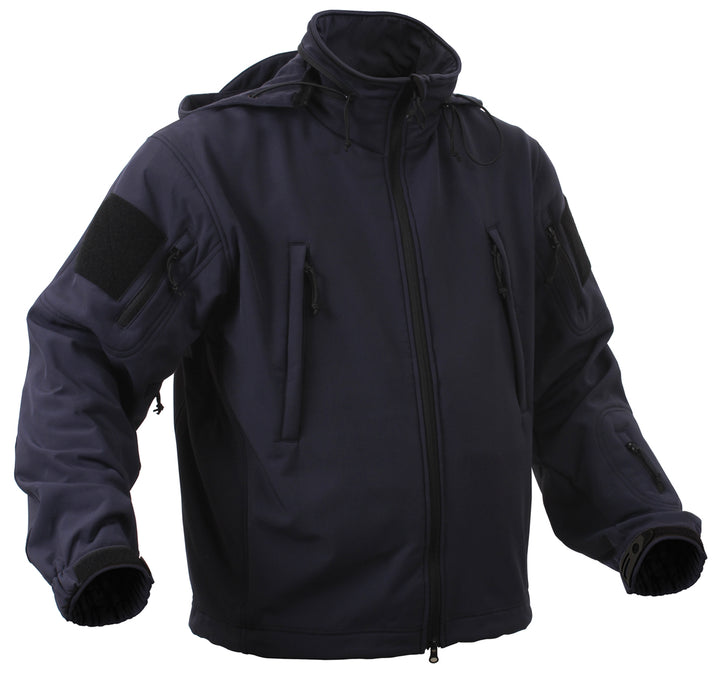 GS-006 Black Soft Shell Jacket shown upright against white background, featuring multi-pocket layout, zippered chest and sleeve compartments, high collar, and hook-and-loop patch area; designed for water-resistant performance and field versatility with adjustable cuffs and modular utility