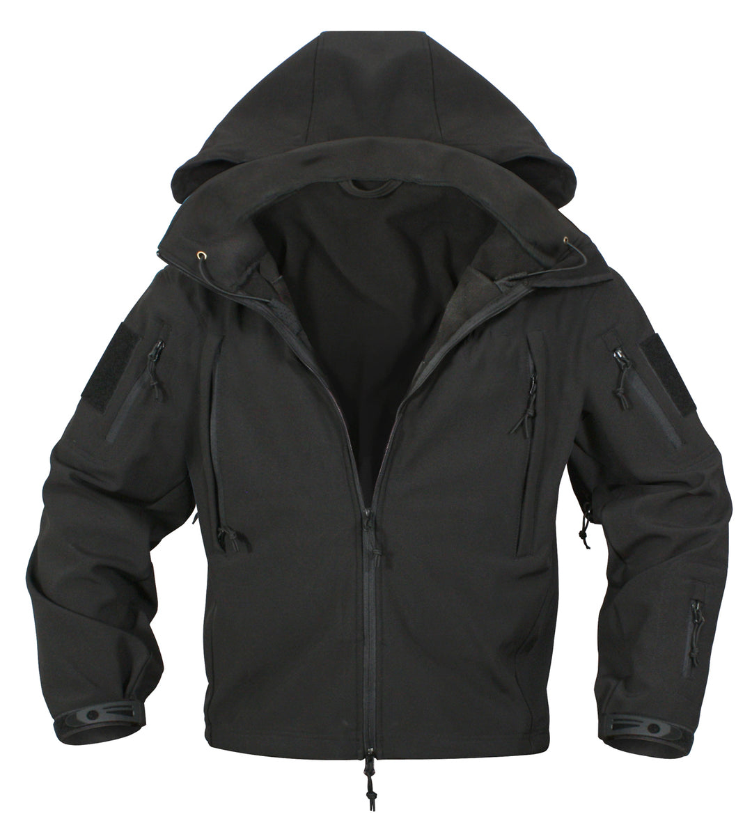 GS-006 Black Soft Shell Jacket displayed upright on white background with hood raised, featuring zippered chest and sleeve pockets, adjustable cuffs, high collar, and water-resistant outer shell; designed for tactical readiness and outdoor adaptability with modular utility profile