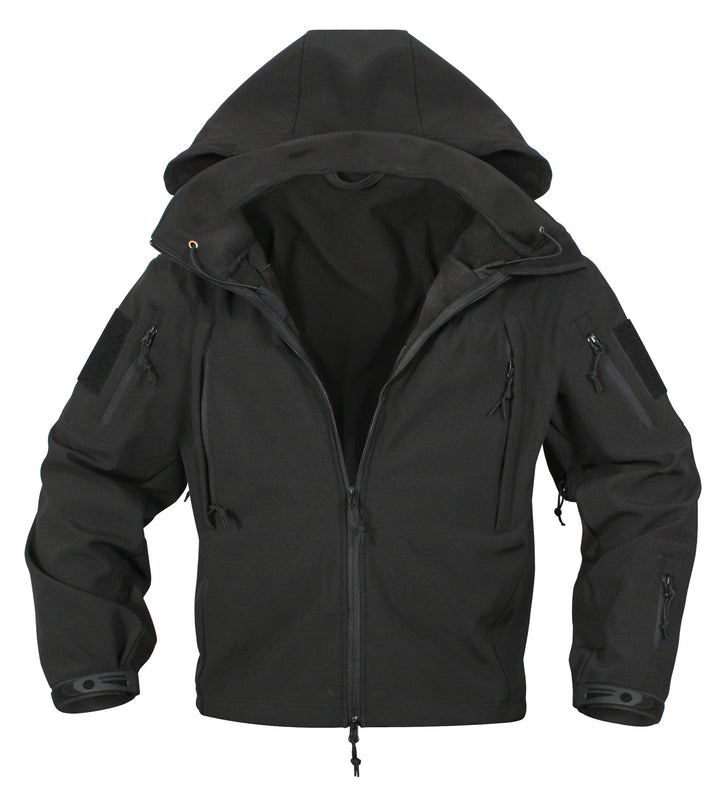GS-006 Black Soft Shell Jacket displayed upright on white background with hood raised, featuring zippered chest and sleeve pockets, adjustable cuffs, high collar, and water-resistant outer shell; designed for tactical readiness and outdoor adaptability with modular utility profile