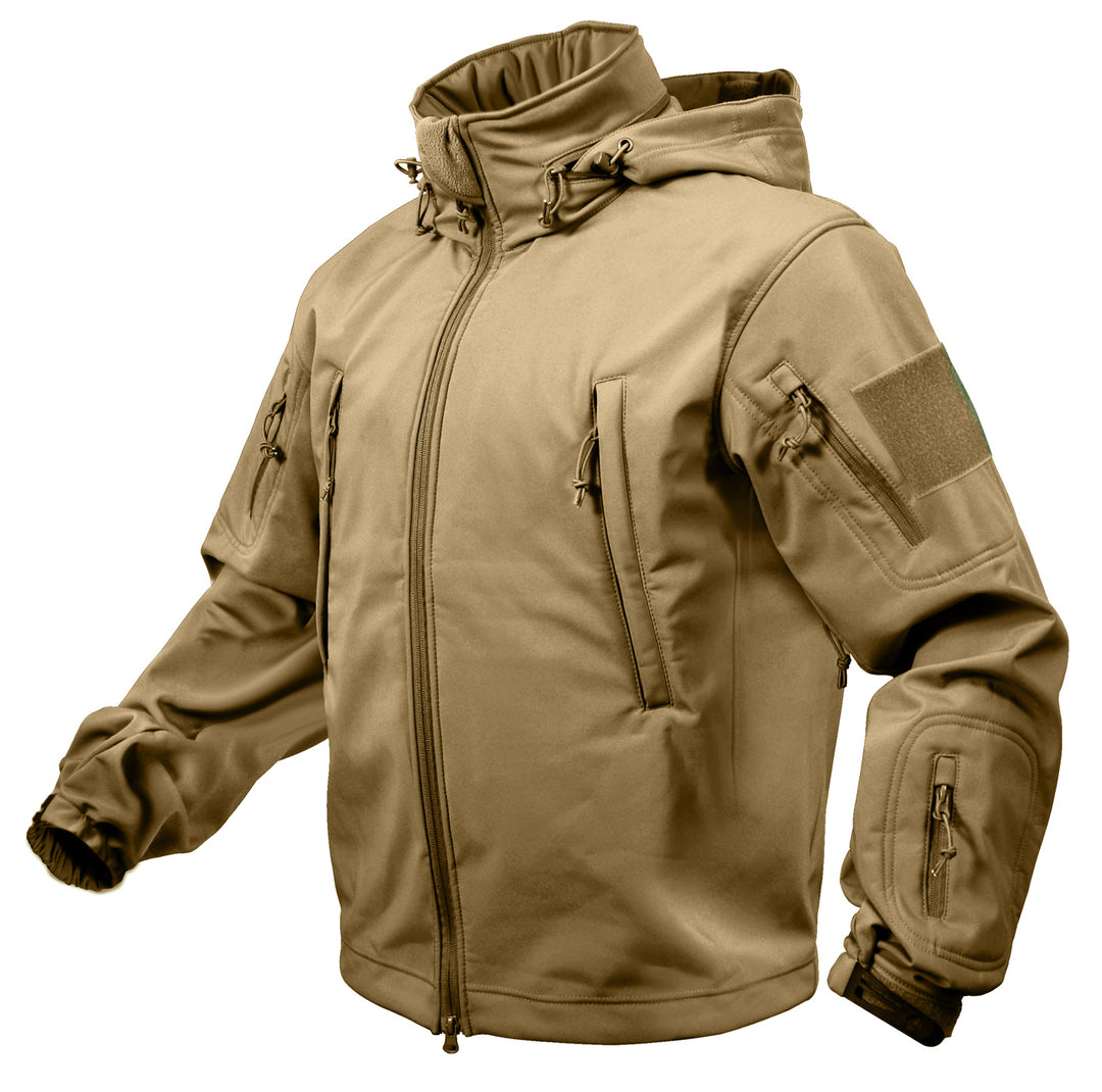 GS-006 Coyote Soft Shell Jacket shown upright on white background, featuring zippered chest and sleeve pockets, Velcro patch panels, high collar, and adjustable cuffs; constructed with waterproof outer shell and removable fleece liner for tactical versatility and outdoor resilience across rugged environments