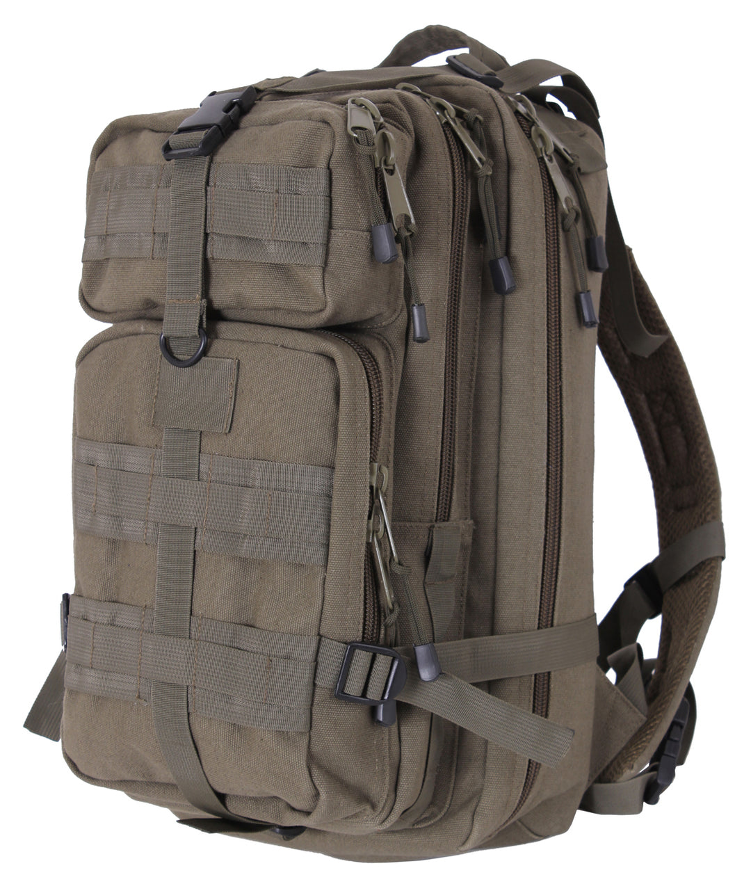 GS-007 Army Green Tactical Pack shown upright on white background, featuring rugged canvas construction, dual compression straps, top carry handle, and external pocket layout; built for 25-liter capacity and modular deployment across woodland, urban, or range environments