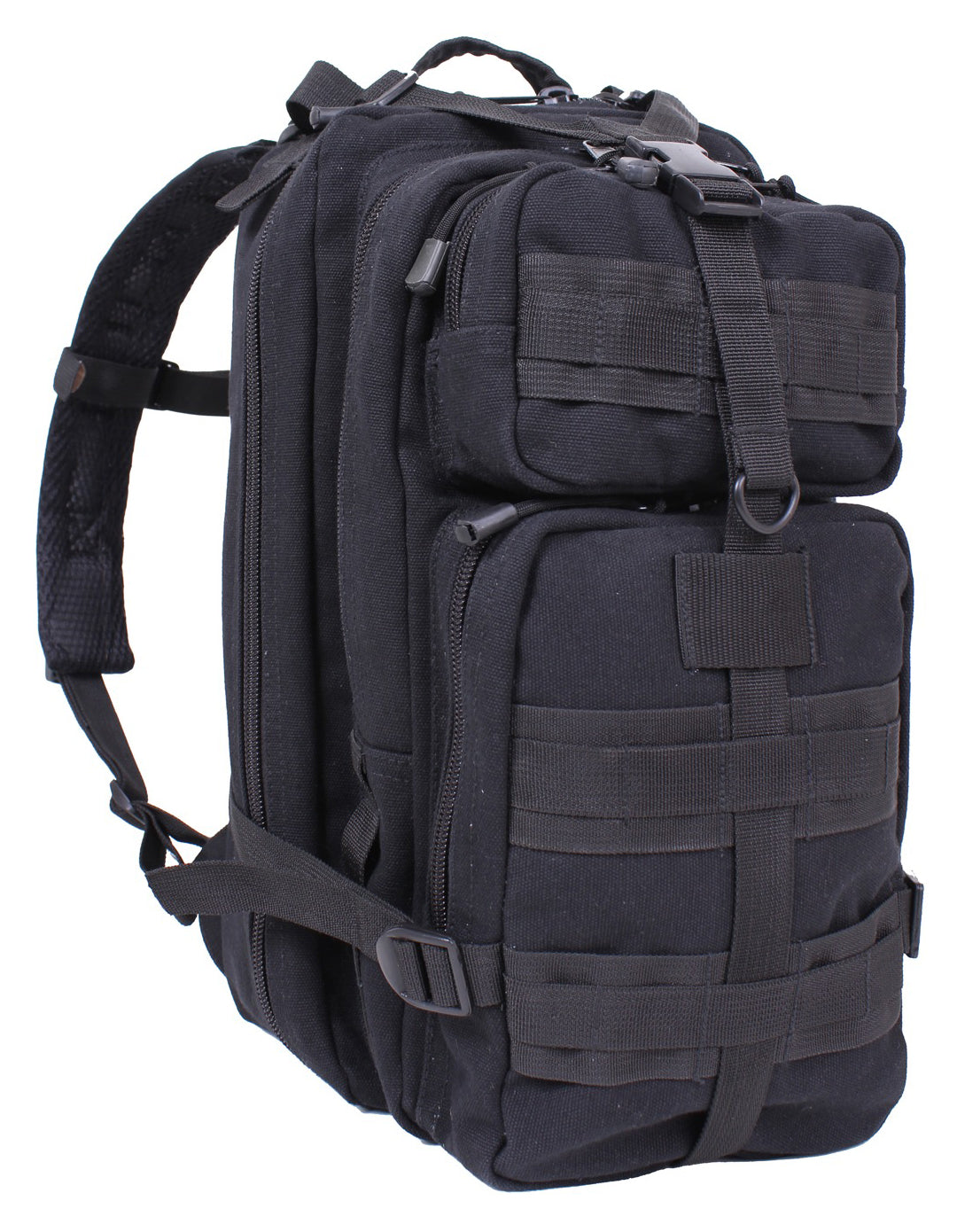 GS-007 Black Tactical Pack shown upright on white background, featuring rugged canvas build, top carry handle, dual compression straps, and front utility pockets; designed for 25-liter capacity and modular deployment in low-visibility urban or field environments