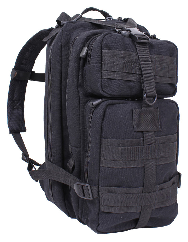 GS-007 Black Tactical Pack shown upright on white background, featuring rugged canvas build, top carry handle, dual compression straps, and front utility pockets; designed for 25-liter capacity and modular deployment in low-visibility urban or field environments