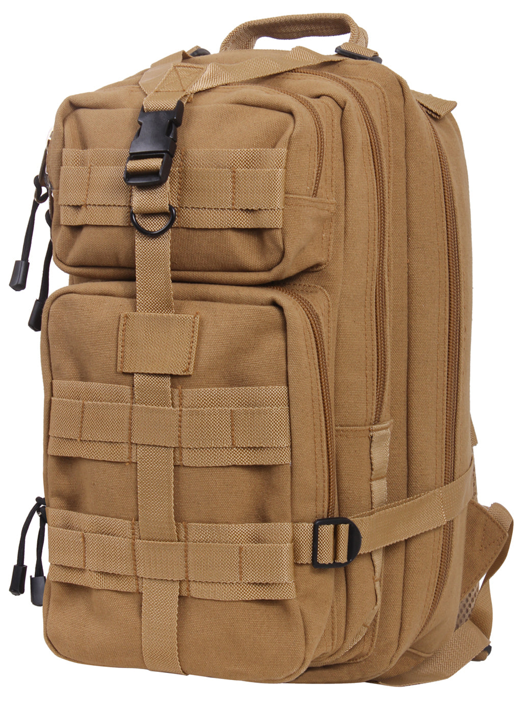 GS-007 Tan Tactical Pack shown upright on white background, featuring reinforced canvas construction, dual compression straps, top carry handle, and external pockets; designed for 25-liter capacity and modular field deployment across arid or urban environments