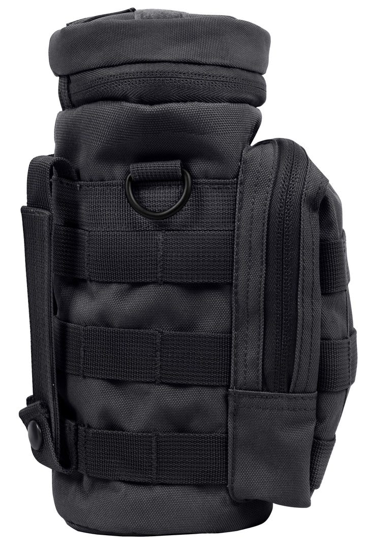GS-008 Black Molle Bottle Pouch with top flap, horizontal straps, and metal ring detail, shown front-facing on white background; crafted from rip-stop nylon for stealth hydration carry and modular attachment in tactical environments