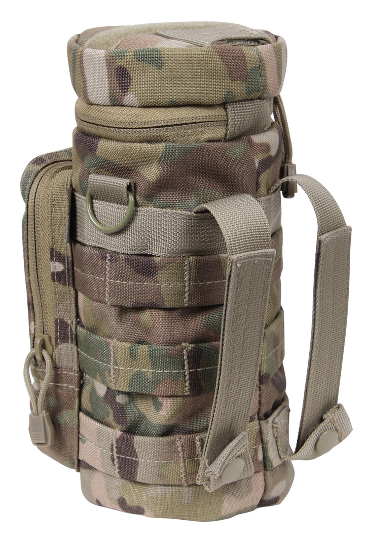 GS-008 Camouflage Molle Bottle Pouch with top flap, horizontal straps, and metal ring detail, shown front-facing on white background; constructed from rip-stop nylon in green-brown camo pattern for tactical hydration carry and modular attachment