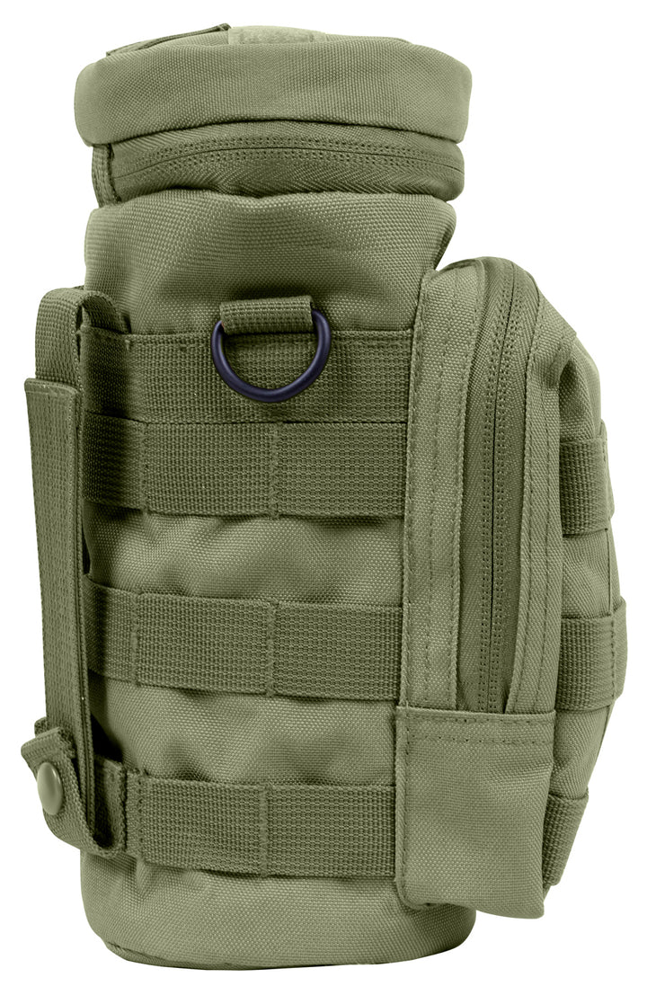 GS-008 Green Molle Bottle Pouch with top flap, horizontal straps, and metal ring detail, shown front-facing on white background; features cylindrical design with rip-stop nylon for hydration carry and modular field attachment