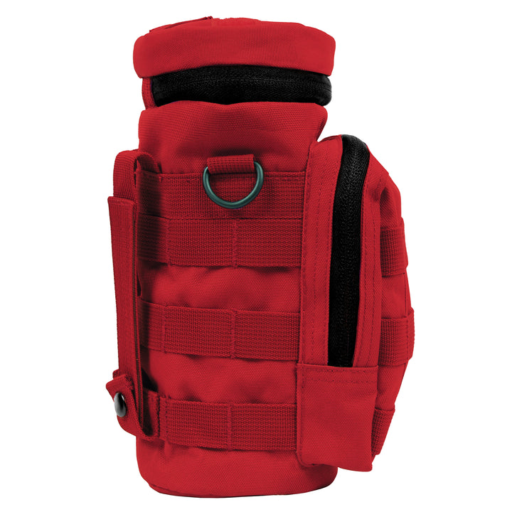 GS-008 Red Molle Bottle Pouch with top flap, horizontal webbing, and metal ring detail, shown front-facing on white background; constructed from rip-stop nylon for hydration carry and modular attachment in emergency or high-vis field environments