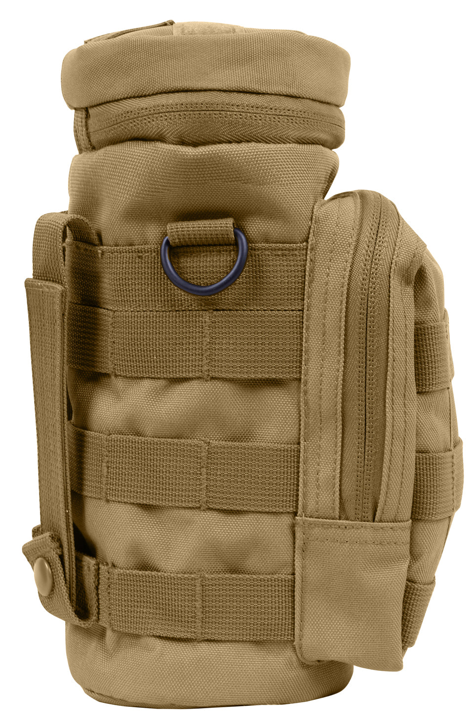 GS-008 Tan Molle Bottle Pouch with top flap, horizontal webbing, and metal ring detail, shown front-facing against white background; cylindrical rip-stop nylon design for hydration carry and modular attachment in arid field conditions