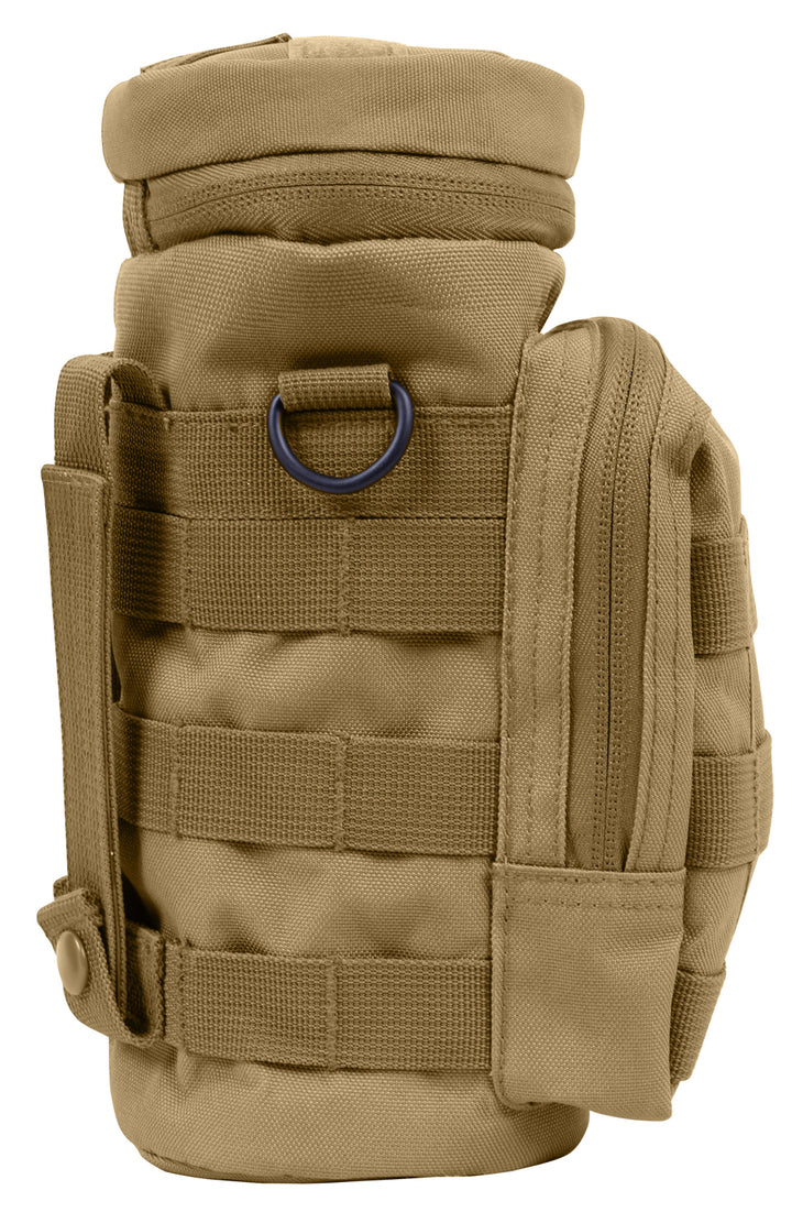 GS-008 Tan Molle Bottle Pouch with top flap, horizontal webbing, and metal ring detail, shown front-facing against white background; cylindrical rip-stop nylon design for hydration carry and modular attachment in arid field conditions