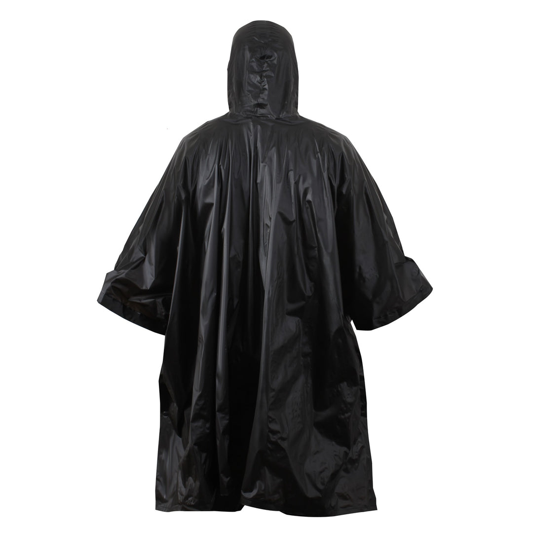 GS-009 Black Wet Weather Poncho with hood and drawstring, shown back-facing against white background; made with waterproof rip-stop fabric for tactical field protection and stealth deployment