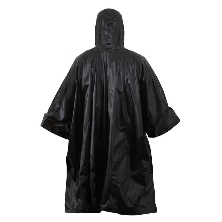 GS-009 Black Wet Weather Poncho with hood and drawstring, shown back-facing against white background; made with waterproof rip-stop fabric for tactical field protection and stealth deployment