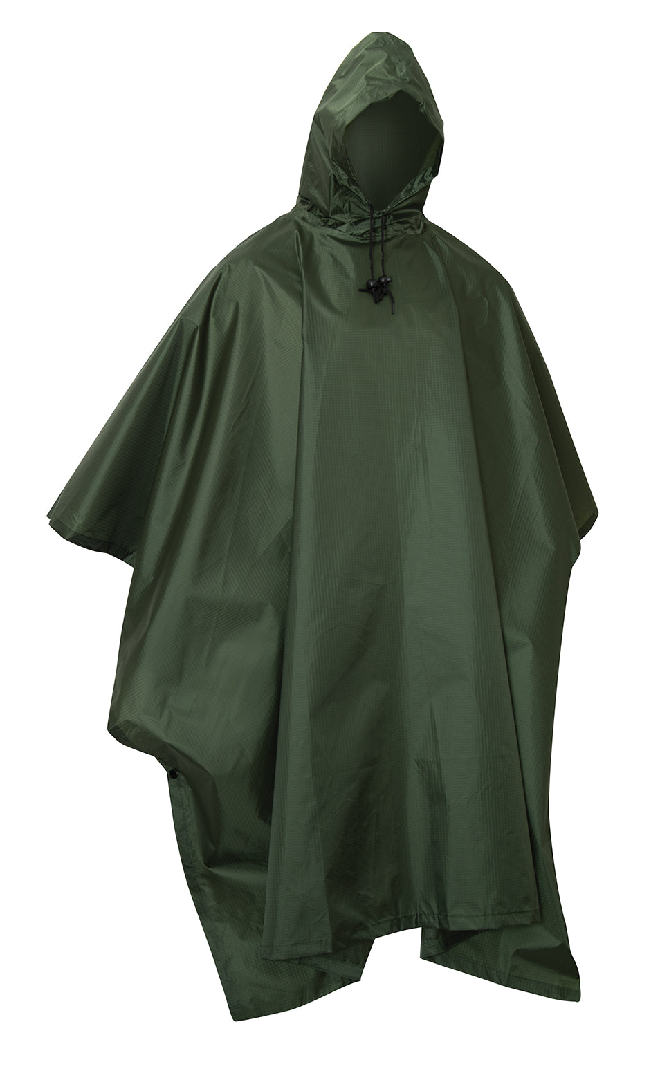 GS-009 Green Wet Weather Poncho with hood and drawstring, shown front-facing against white background; designed with rip-stop fabric for waterproof protection and full-body coverage in tactical field conditions
