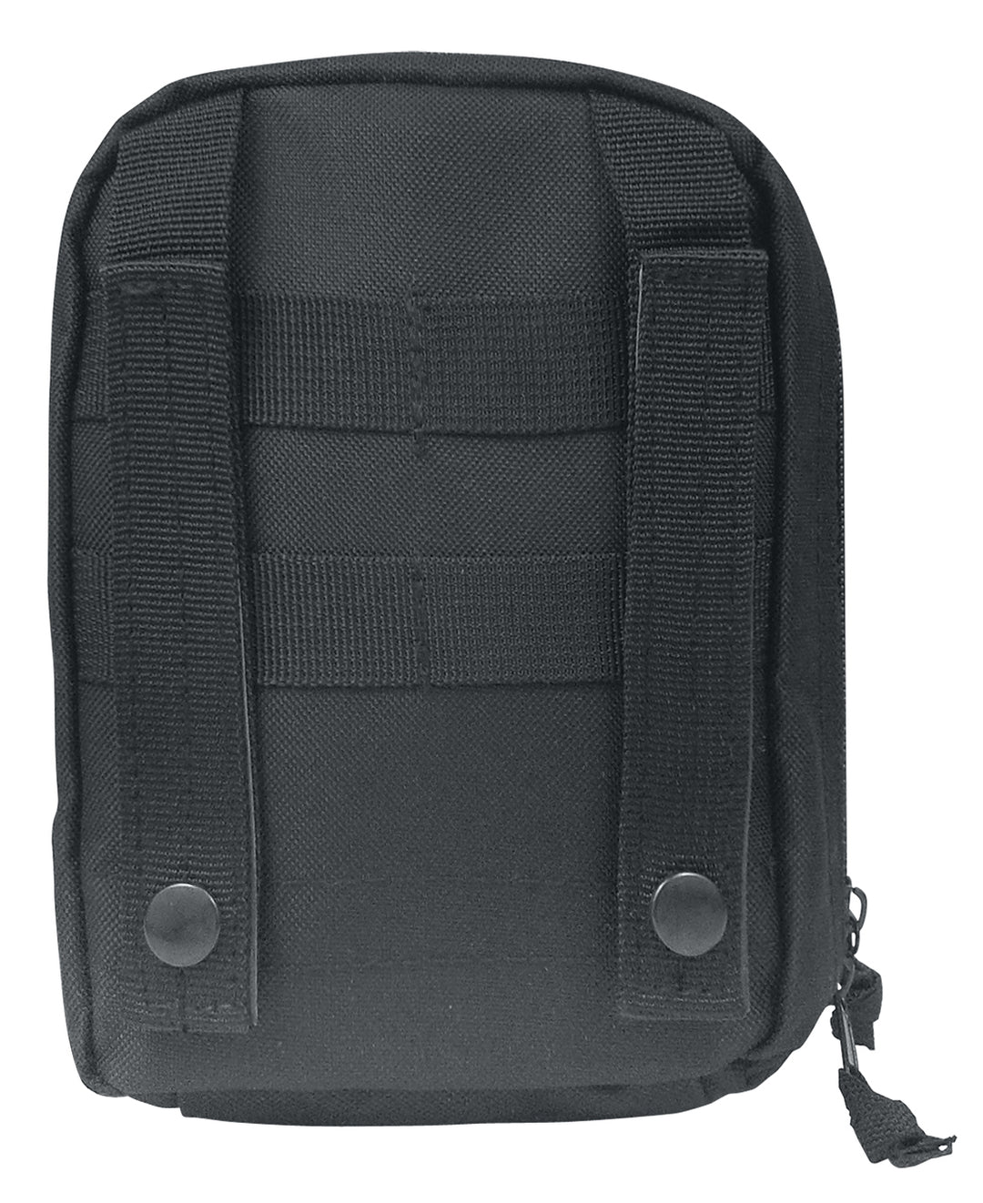 GS-010 Black Molle Medical Pouch with dual vertical snap straps and horizontal webbing, shown front-facing on white background; constructed from reinforced nylon for tactical utility and sleek concealment