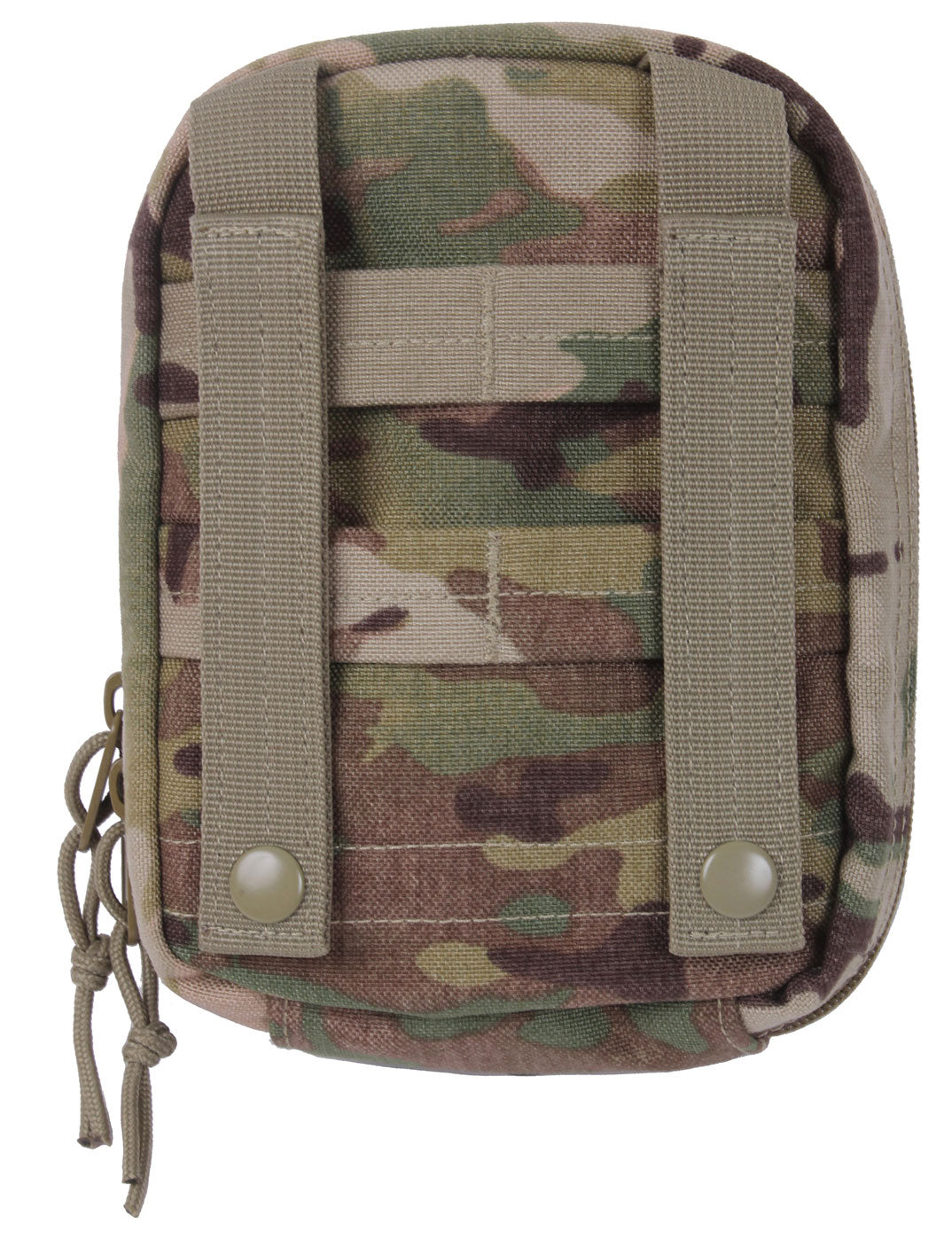 GS-010 Camouflage Molle Pouch with dual button straps and side drawstring, shown front-facing against white background; features rugged nylon construction in green-brown camo pattern for tactical field deployment