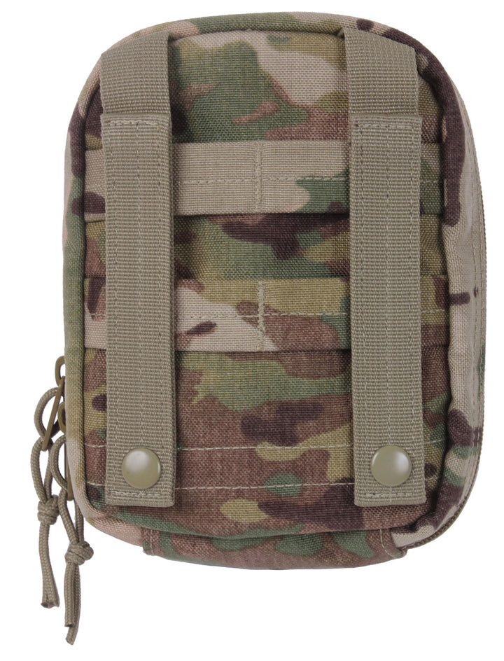 GS-010 Camouflage Molle Pouch with dual button straps and side drawstring, shown front-facing against white background; features rugged nylon construction in green-brown camo pattern for tactical field deployment