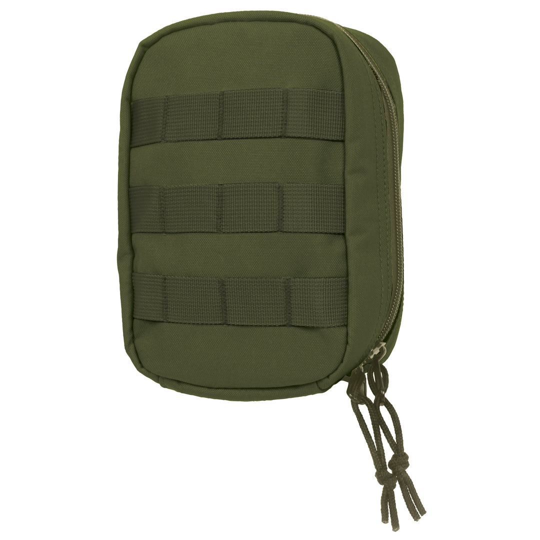 GS-010 Green Molle Medical Pouch with front zipper, dual straps, and bottom cord loop, shown front-facing on white background; crafted from durable nylon for tactical carry in woodland or temperate environments