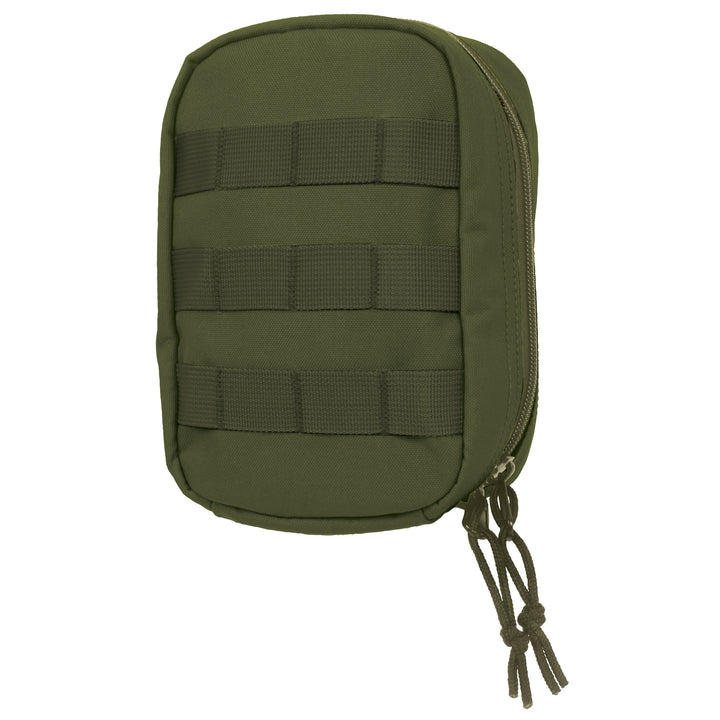 GS-010 Green Molle Medical Pouch with front zipper, dual straps, and bottom cord loop, shown front-facing on white background; crafted from durable nylon for tactical carry in woodland or temperate environments