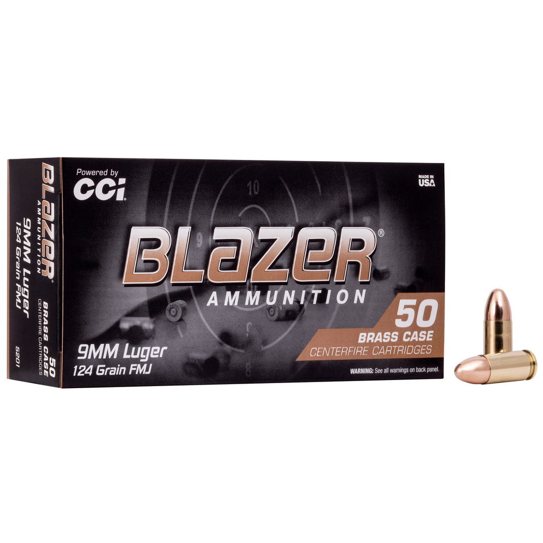 GS-016 Blazer 9MM Luger Ammunition Box with one 124-grain FMJ cartridge placed upright on white background; features black packaging with metallic branding, clearly labeled specs including brass casing, Boxer primers, and 50-count capacity for tactical training and range use