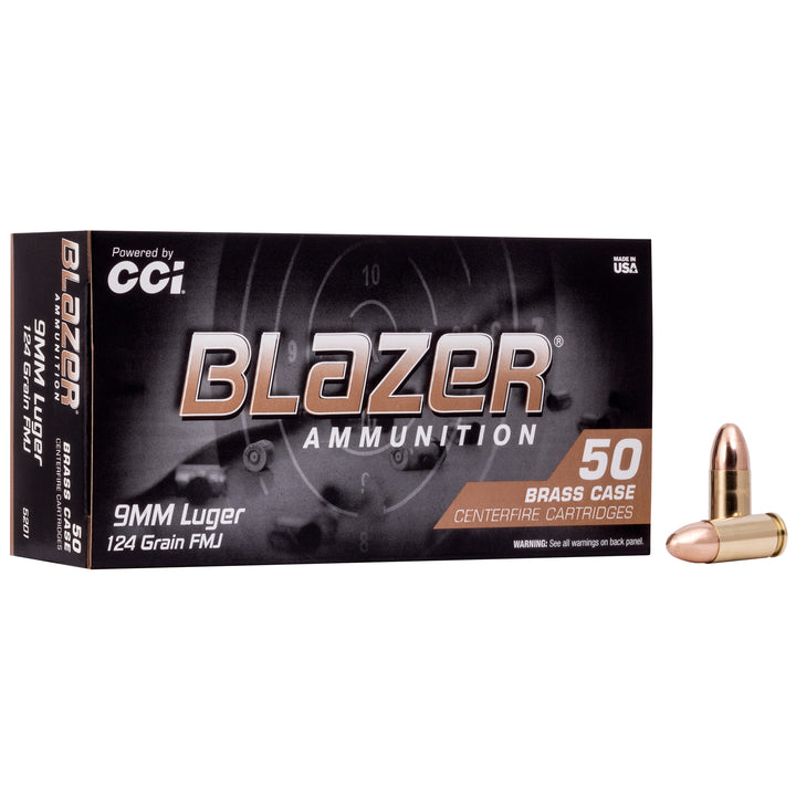 GS-016 Blazer 9MM Luger Ammunition Box with one 124-grain FMJ cartridge placed upright on white background; features black packaging with metallic branding, clearly labeled specs including brass casing, Boxer primers, and 50-count capacity for tactical training and range use