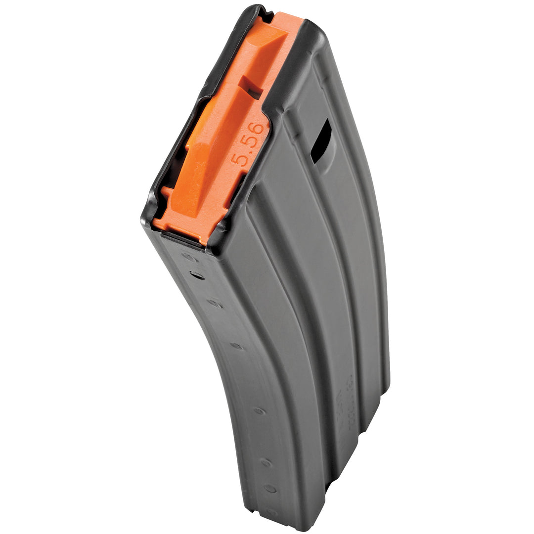Close-up of DURAMAG 30-round aluminum magazine with orange anti-tilt follower for 5.56mm/.223 Rem AR rifles
