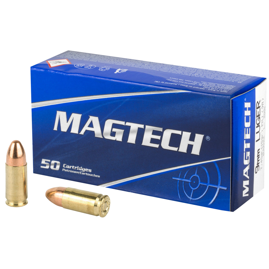 Magtech 9MM 115gr FMJ ammunition — 50-round box with brass cartridges
