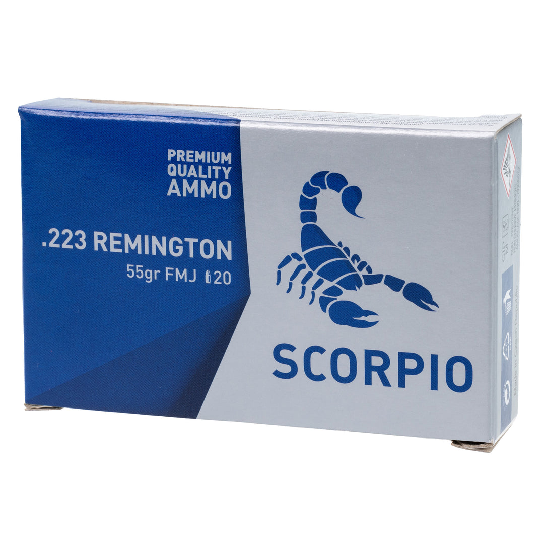 STV Technology Scorpio .223 Remington 55gr FMJ — premium blue and gray 20-round box with scorpion graphic