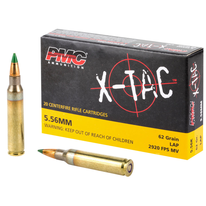 PMC X‑TAC 5.56 NATO 62gr LAP Green Tip ammunition — 20‑round brass case box with military‑style packaging