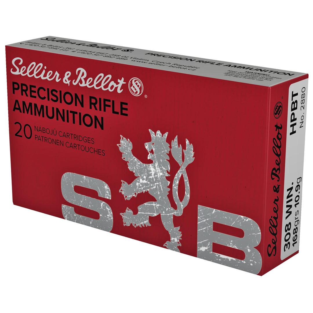  Sellier & Bellot .308 Win 168gr BTHP Precision Rifle Ammo – 20rd box with red packaging and silver lion emblem