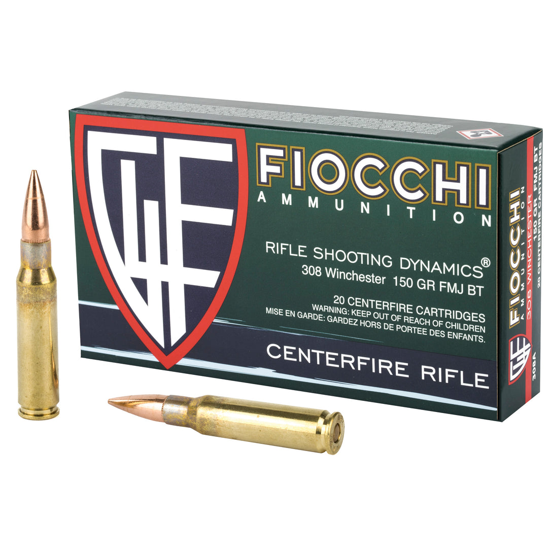 Fiocchi FMJBT 150 Gr .308 Winchester ammunition box with two rifle cartridges on a white background