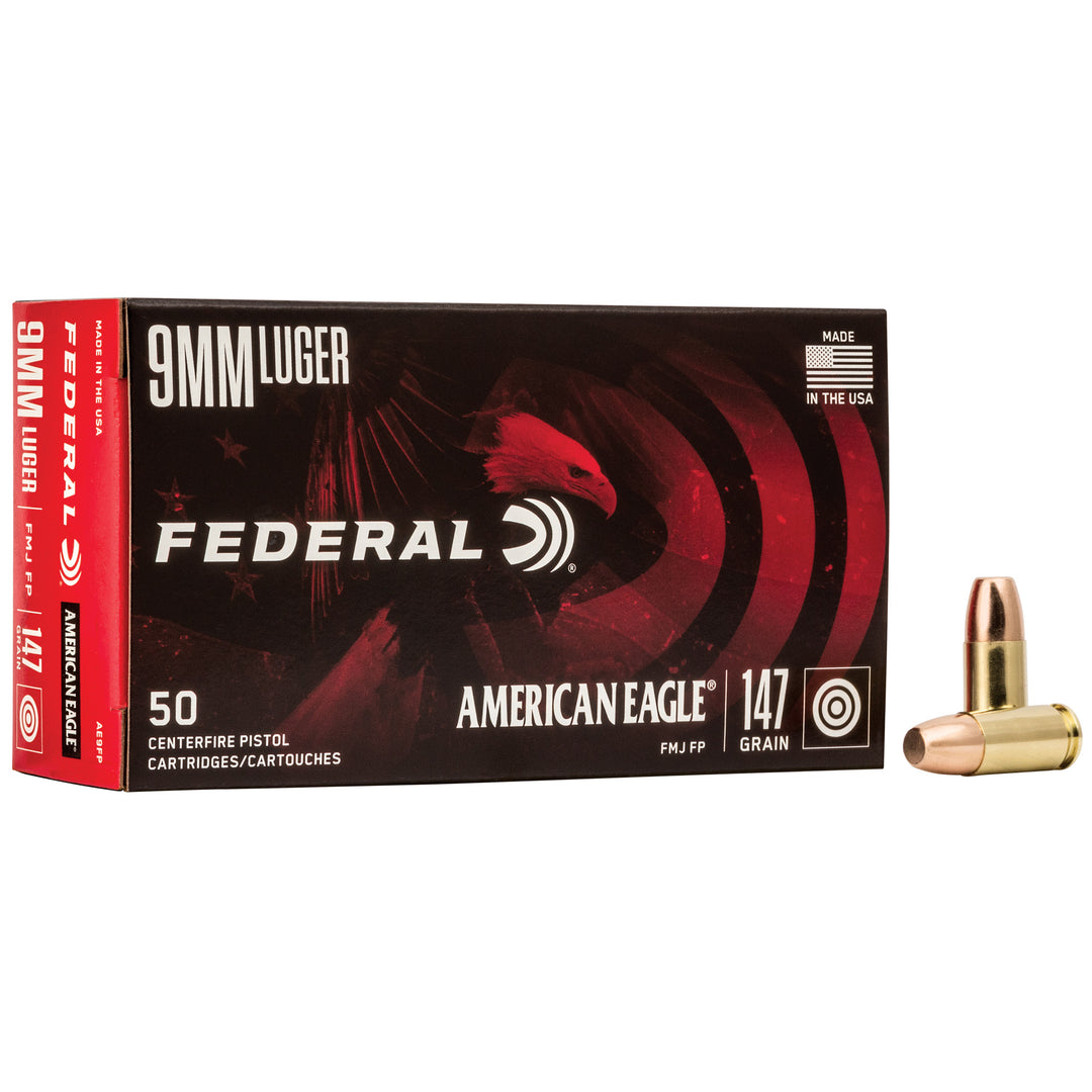 Federal American Eagle 9mm Luger ammunition box with a bullet on a white background