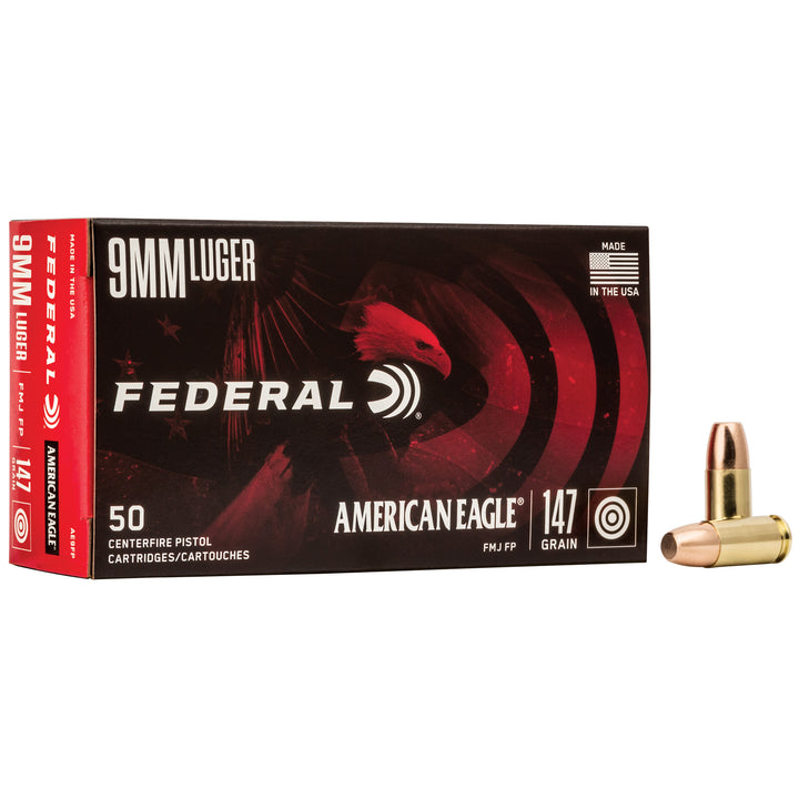Federal American Eagle 9mm Luger ammunition box with a bullet on a white background