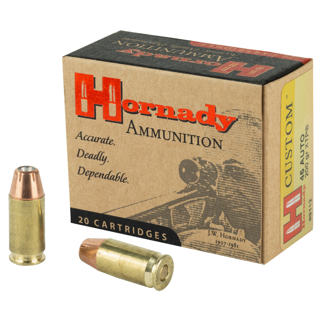 Hornady Custom .45 ACP 200gr XTP ammunition box with two brass cartridges displayed in front