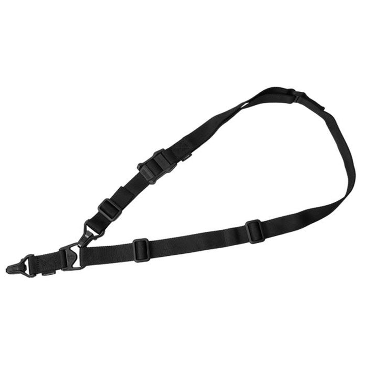 
Black tactical two-point sling with adjustable nylon straps, quick-release buckles, and weapon attachment clips