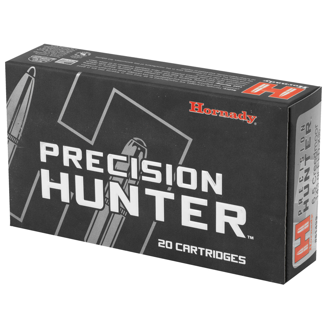 Hornady Precision Hunter 6.5 Creedmoor 143gr ELD-X ammunition box, 20-round premium hunting load