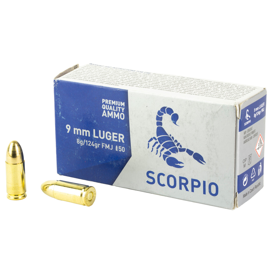 GS-016 Blazer 9MM Luger Ammunition Box with one 124-grain FMJ cartridge placed upright on white background; features black packaging with metallic branding, clearly labeled specs including brass casing, Boxer primers, and 50-count capacity for tactical training and range use