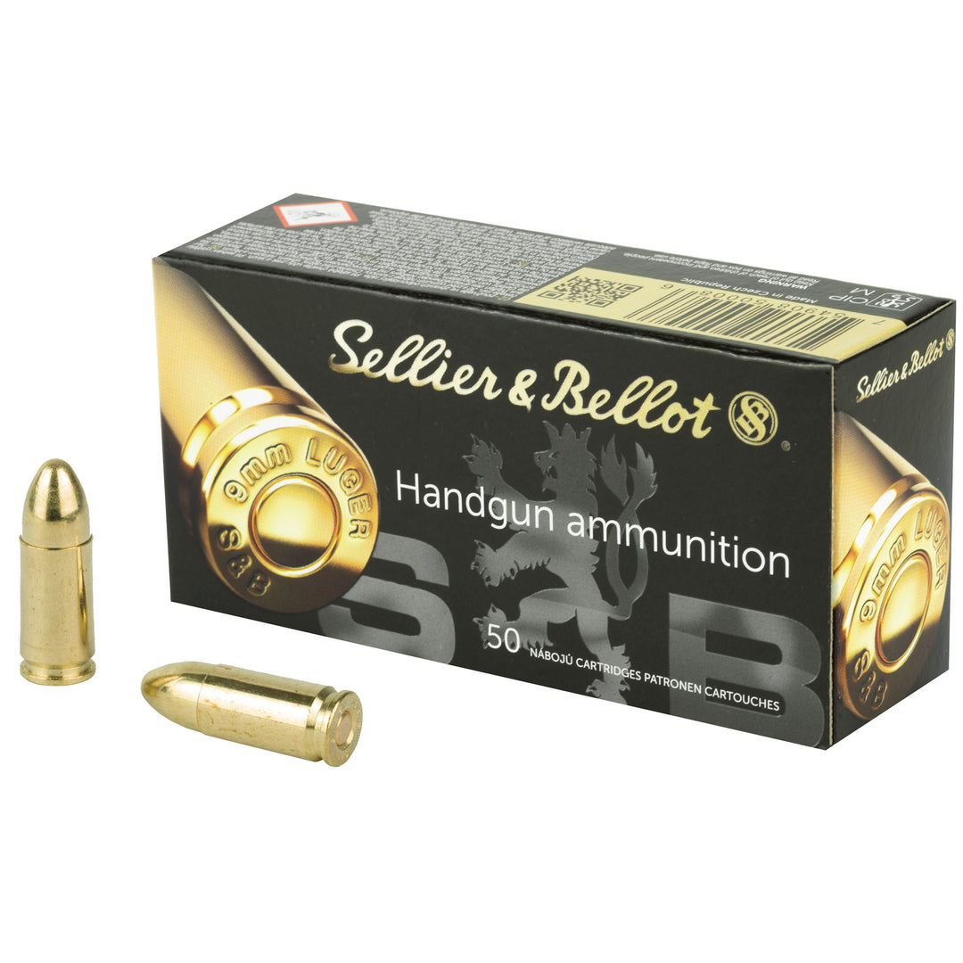 Sellier & Bellot 9MM 115gr FMJ handgun ammunition — 50-round box with brass cartridges
