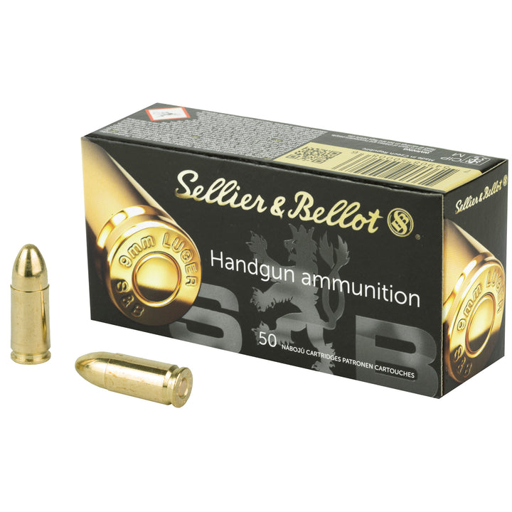 Sellier & Bellot 9MM 115gr FMJ handgun ammunition — 50-round box with brass cartridges
