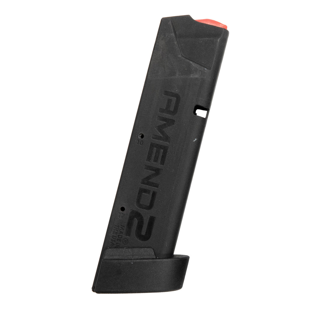 Amend2 A2‑320 10‑round black polymer magazine for Sig Sauer P320 with red follower and USA marking
