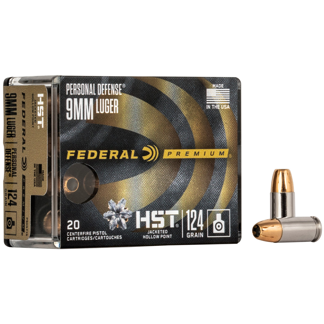 Federal Premium HST 9MM 124 Grain Jacketed Hollow Point ammunition box with two displayed rounds, 20 centerfire pistol cartridges, made in USA