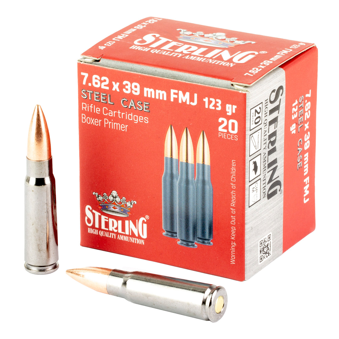 Box of Sterling 7.62x39mm FMJ Rifle Ammunition with Two Cartridges Displayed