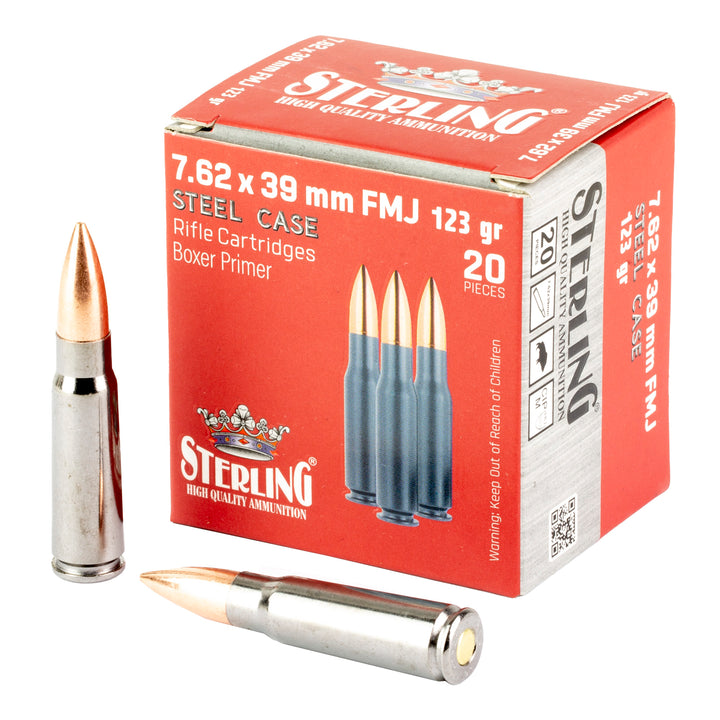 Box of Sterling 7.62x39mm FMJ Rifle Ammunition with Two Cartridges Displayed