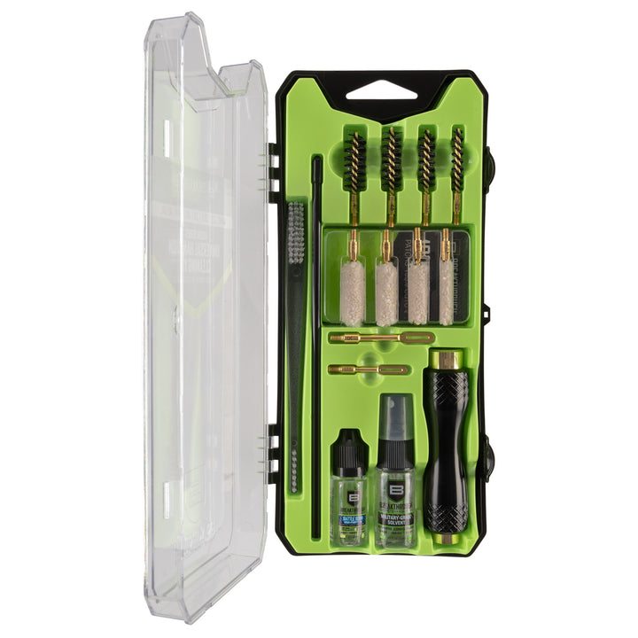 GS-011 Pistol Cleaning Kit – complete field kit with brushes, brass rods, cotton mops, patch holder, and oil for 9mm, .40, .45, and .22LR handguns.