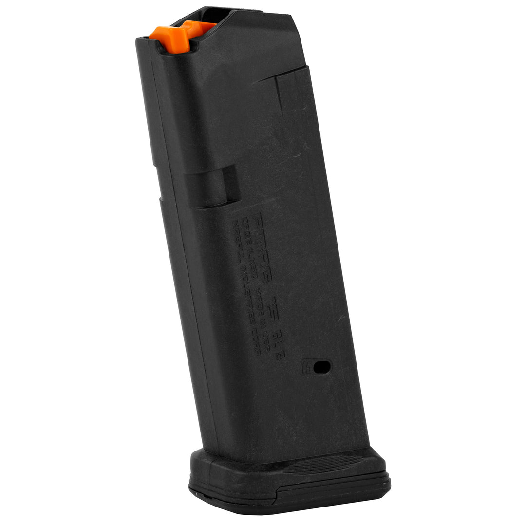 Magpul PMAG 21 GL9 black polymer 9mm magazine with orange follower, standing upright.